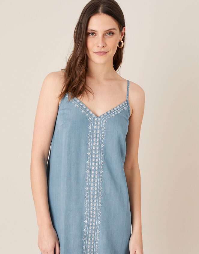 Embroidered Slip Dress in LENZING™ TENCEL™, Blue (DENIM BLUE), large