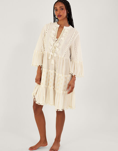 Metallic Tassel Kaftan Dress, Ivory (IVORY), large