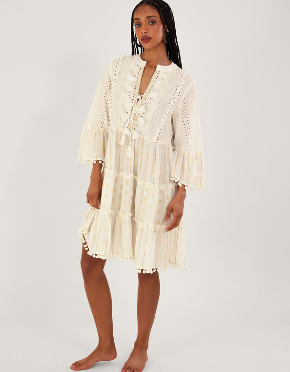 Metallic Tassel Kaftan Dress, Ivory (IVORY), large