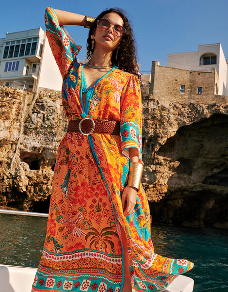 Palm Print Dress in LENZING™ ECOVERO™, Orange (ORANGE), large