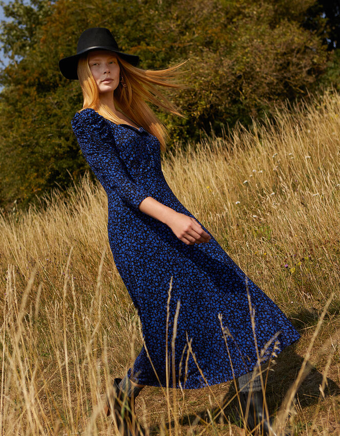 Floral Square Neck Jersey Midi Dress, Blue (COBALT), large
