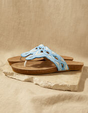 Embellished Leather Footbed Sandals , Blue (TURQUOISE), large