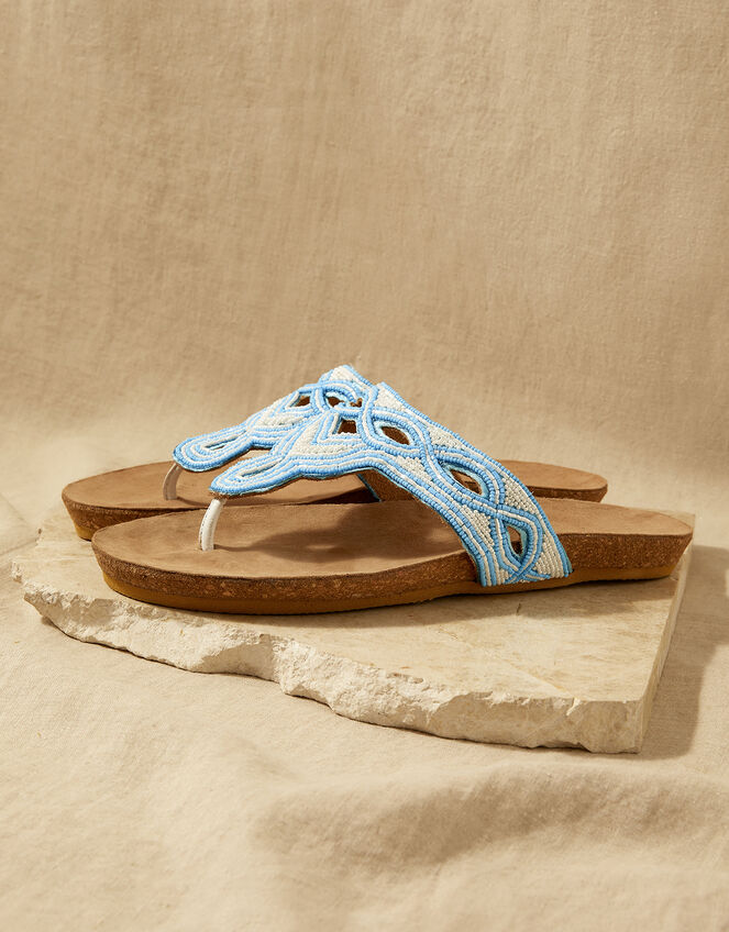 Embellished Leather Footbed Sandals , Blue (TURQUOISE), large