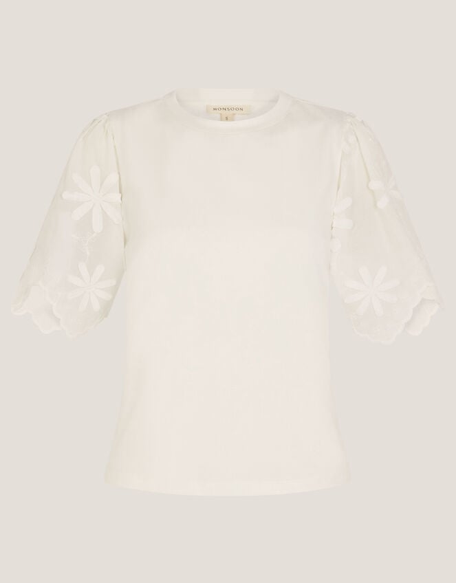 Mel Appliqu&eacute; Sleeve Jersey T-Shirt, Ivory (IVORY), large