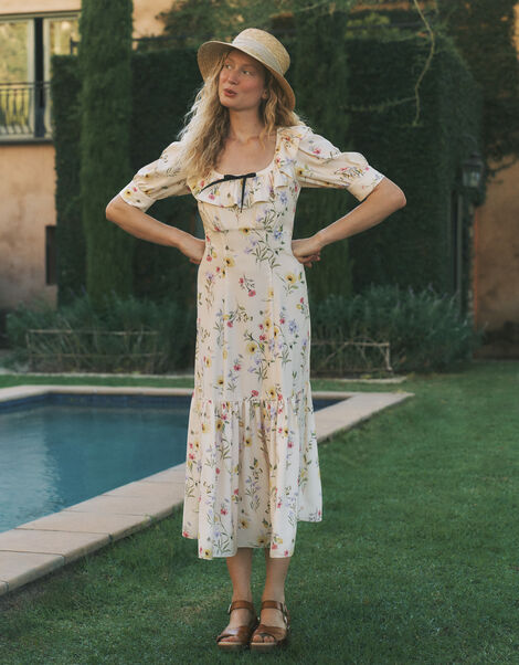 Sienna Frill Neck Floral Midi Dress, Ivory (IVORY), large
