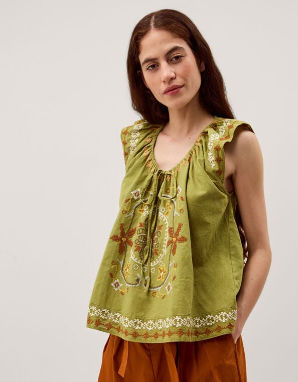 Greta Floral Embroidered Top, Green (GREEN), large