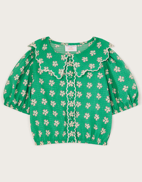 Floral Puff Sleeve Collared Blouse, Green (GREEN), large