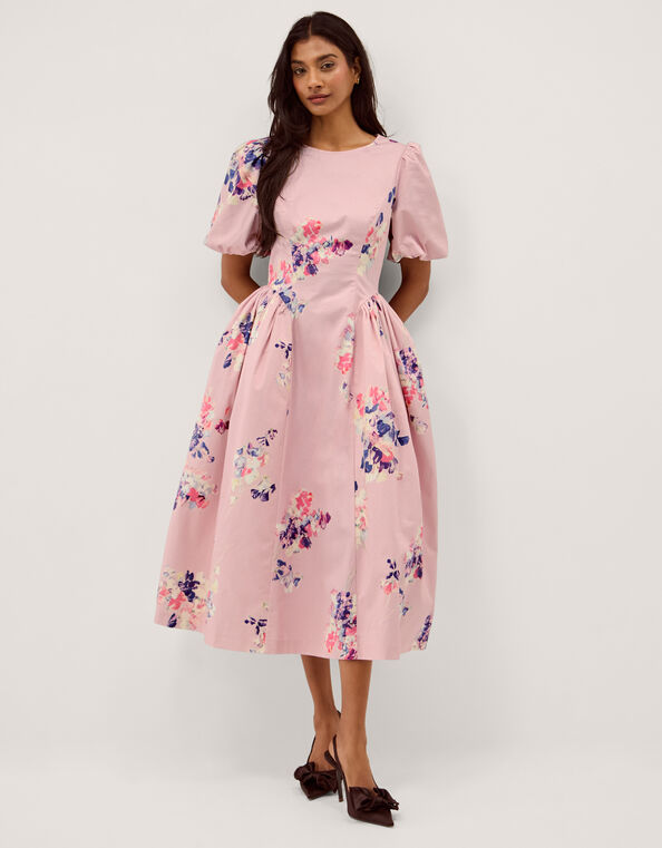 Amber Puff Sleeve Floral Midi Dress, Pink (PINK), large