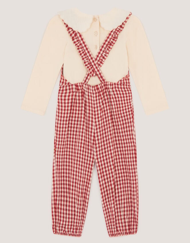 Baby Embroidered Top & Gingham Dungarees Set, Red (RED), large