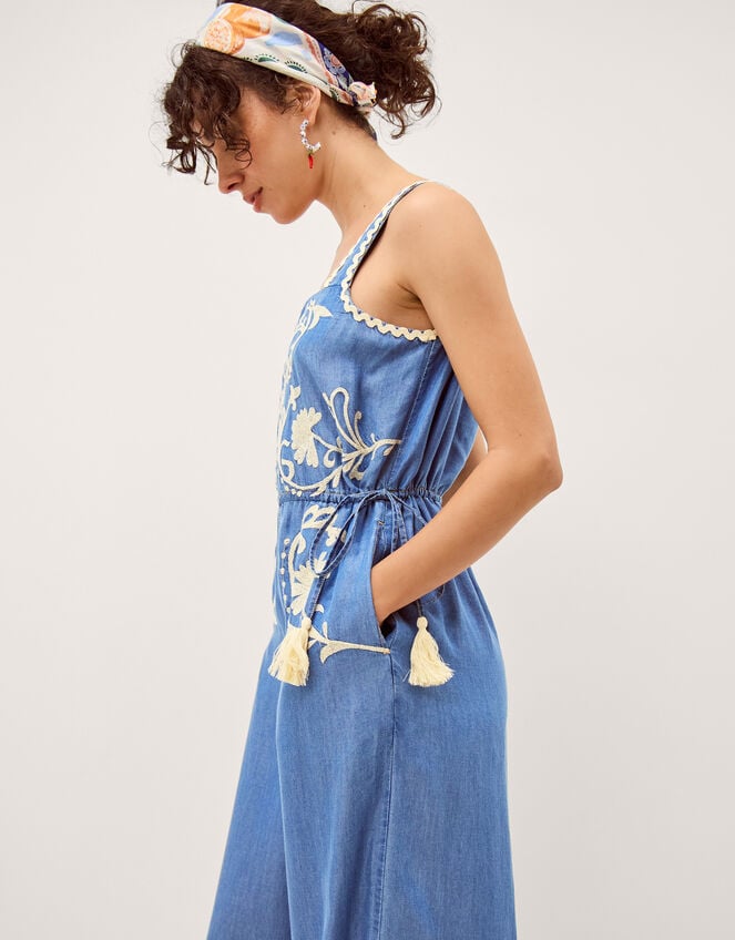 Stella Embroidered Denim Culotte Jumpsuit, Blue (DENIM BLUE), large