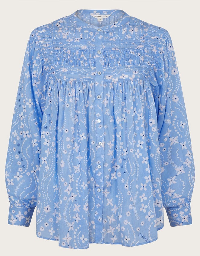 Dahlia Print Oversized Shirt, Blue (BLUE), large