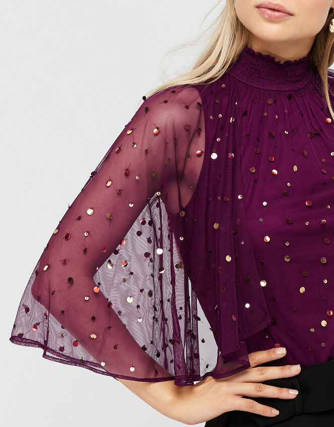 Kimberley Sequin Cape Top, Red (BERRY), large