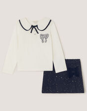 Bow Long Sleeve Top & Skort Set, Blue (NAVY), large