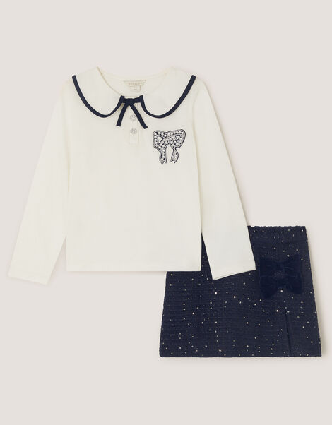 Bow Long Sleeve Top & Skort Set, Blue (NAVY), large