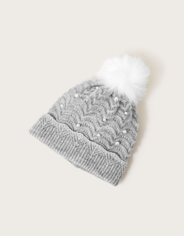 Rosie Scallop Knit Pearl Beanie Hat, Gray (GREY), large