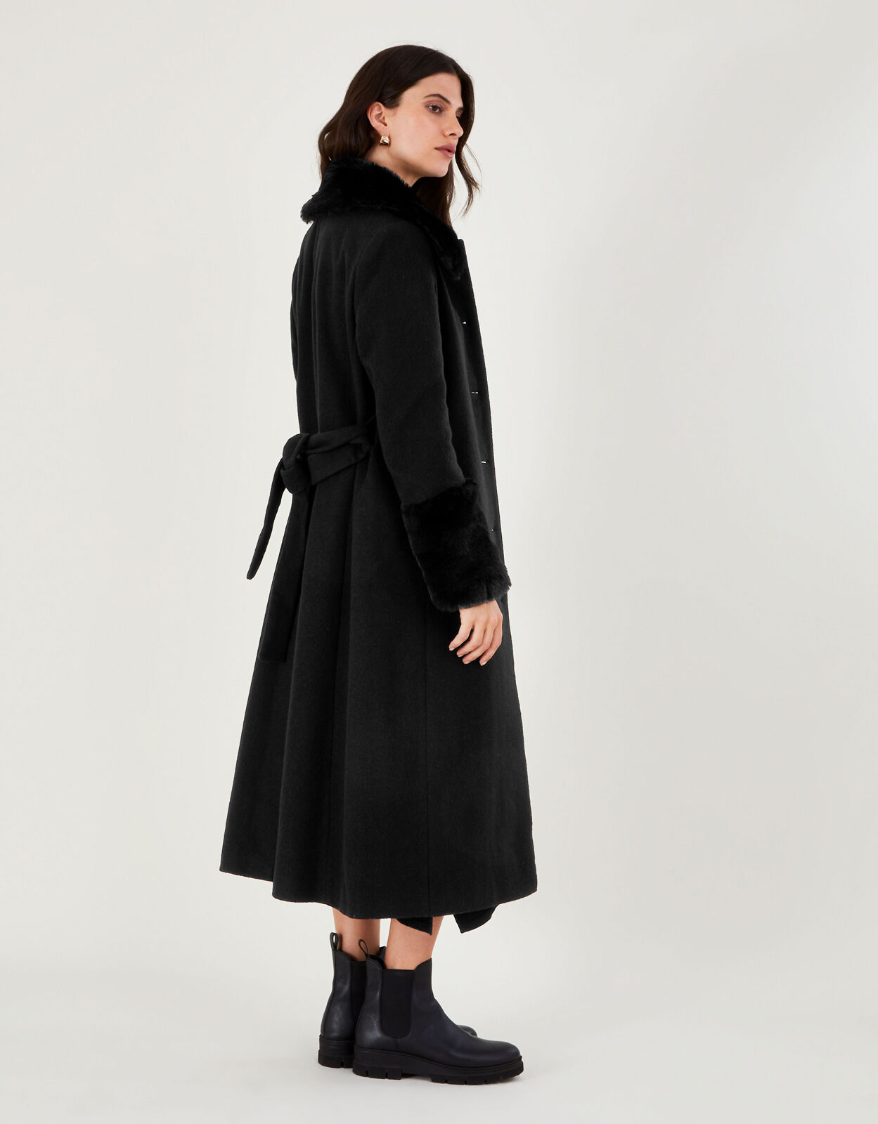 Felicity Faux Fur Trim Belted Wool Blend Coat Black Women s Coats Monsoon US