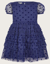 Spot Flock Mesh Tier Dress, Blue (BLUE), large