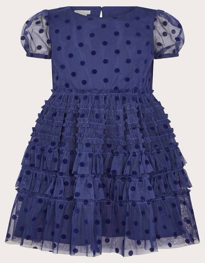 Spot Flock Mesh Tier Dress, Blue (BLUE), large