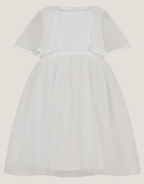 Baby Flutter Sleeve Floral Embroidered Tulle Dress, Ivory (IVORY), large