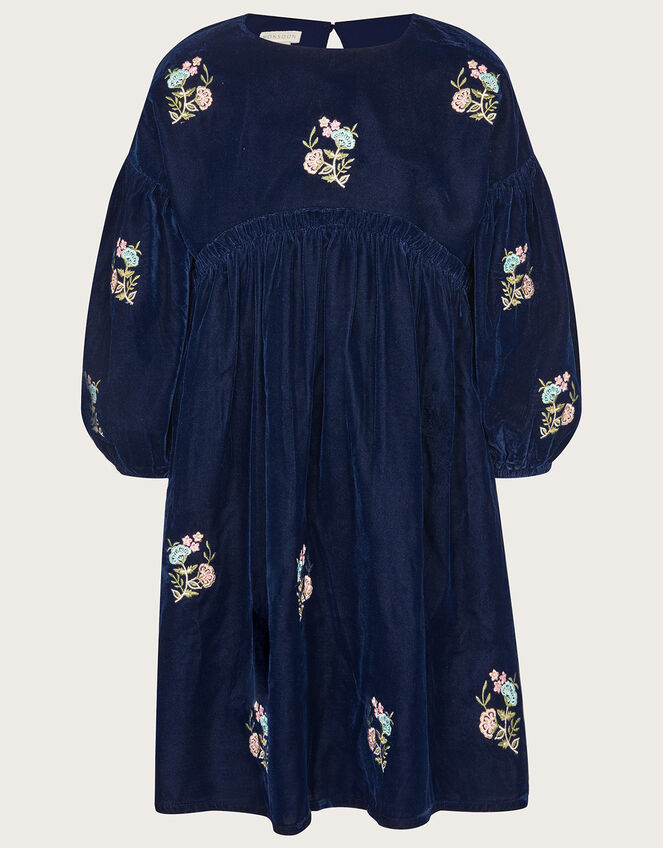 Embroidered Velvet Dress Blue