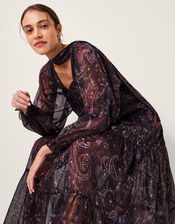 Marianna Paisley Print Tiered Midi Dress, Purple (PURPLE), large
