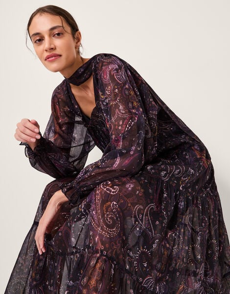 Marianna Paisley Print Tiered Midi Dress, Purple (PURPLE), large