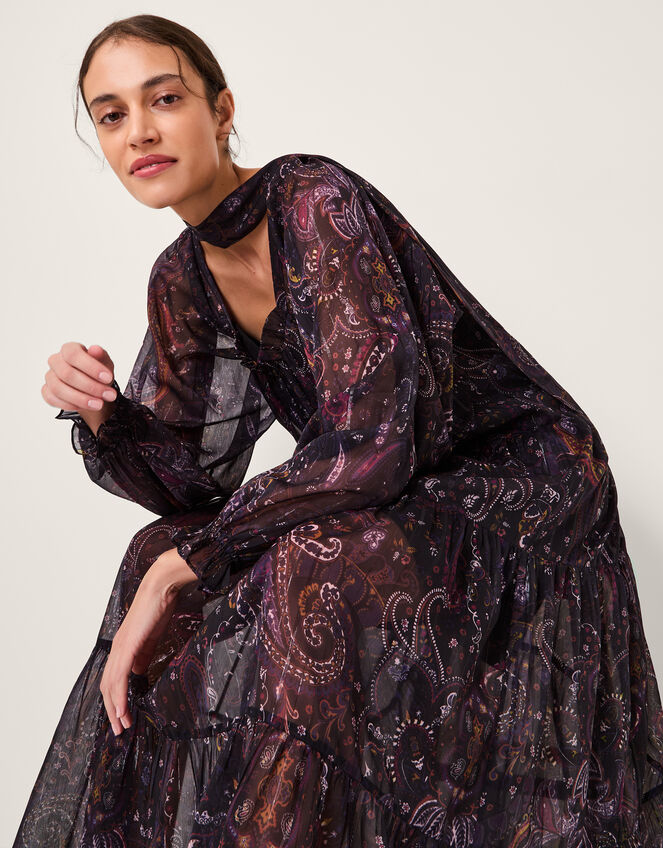 Marianna Paisley Print Tiered Midi Dress, Purple (PURPLE), large