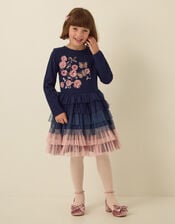 Floral Embellished Long Sleeve Disco Dress, Blue (NAVY), large