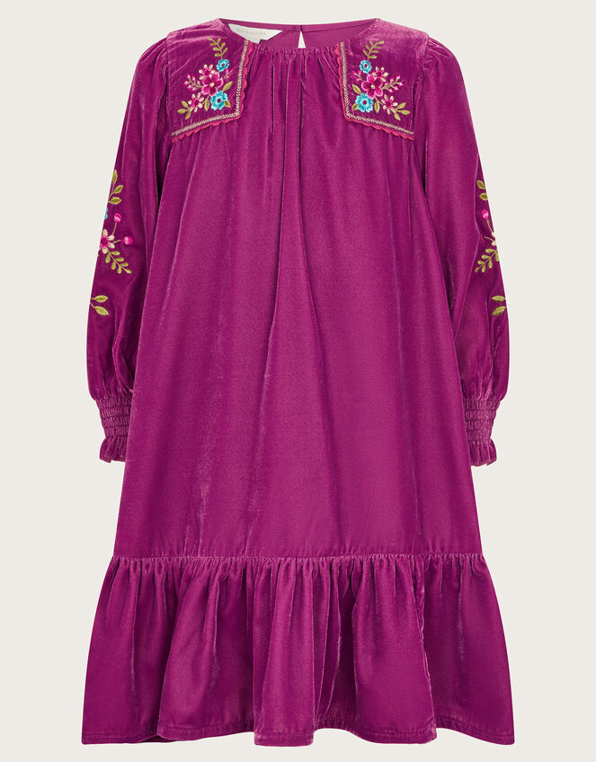 Embroidered Velvet Tunic Dress, Purple (PURPLE), large