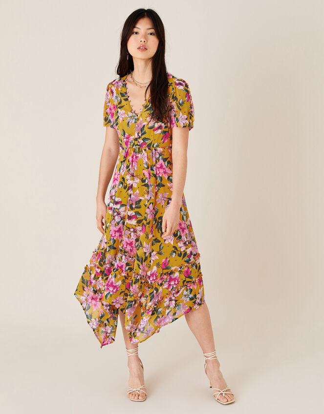 Rachel Floral Hanky Hem Dress, Yellow (OCHRE), large