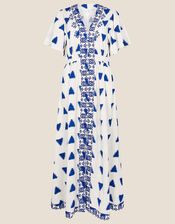 Premium Embroidered Ikat Kaftan Dress, Blue (BLUE), large