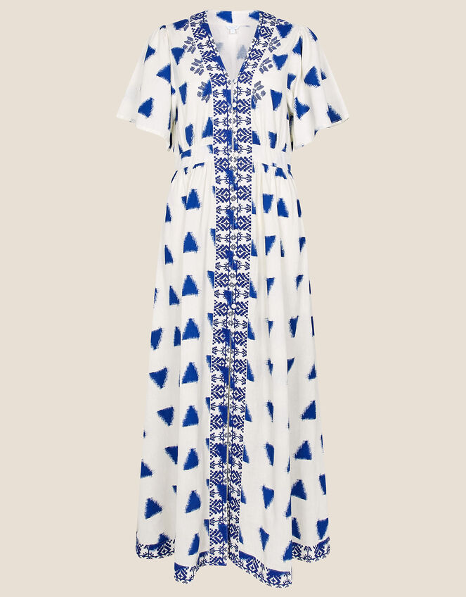 Premium Embroidered Ikat Kaftan Dress, Blue (BLUE), large