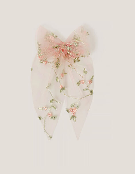 Floral Embroidered Mesh Bow Hair Clip, , large