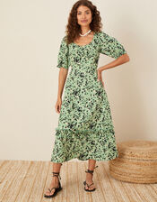 Printed Dress in Linen Blend, Green (KHAKI), large