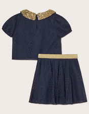 Skirt and Top Lace Set with Detachable Collar, Blue (NAVY), large