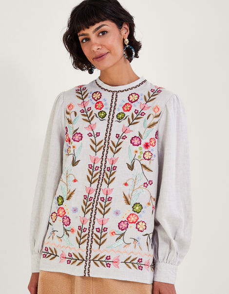 Josie Floral Embroidered Top, Grey (GREY), large