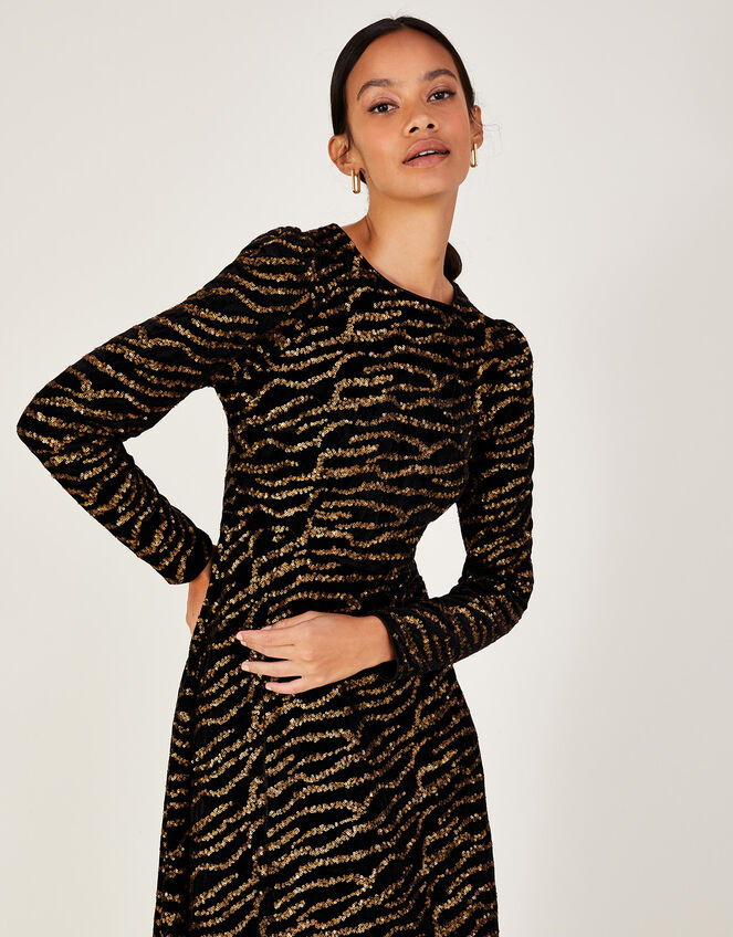 Shelby Animal Velvet Midi Dress, Black (BLACK), large