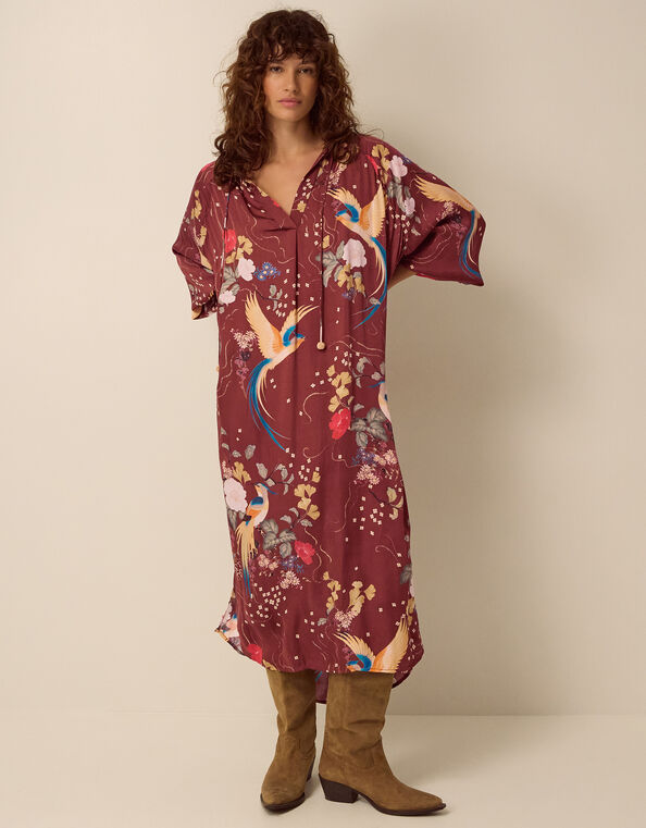 Clemence Seraphine Floral Print Satin Midi Tunic Dress, Red (BURGUNDY), large
