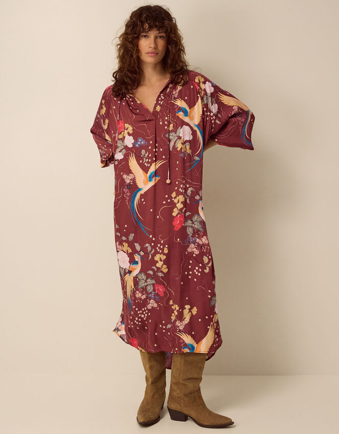 Clemence Seraphine Floral Print Satin Midi Tunic Dress, Red (BURGUNDY), large