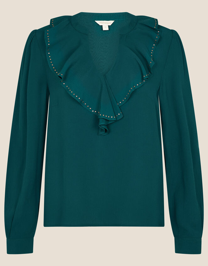 Studded Frill Neck Blouse, Teal (TEAL), large