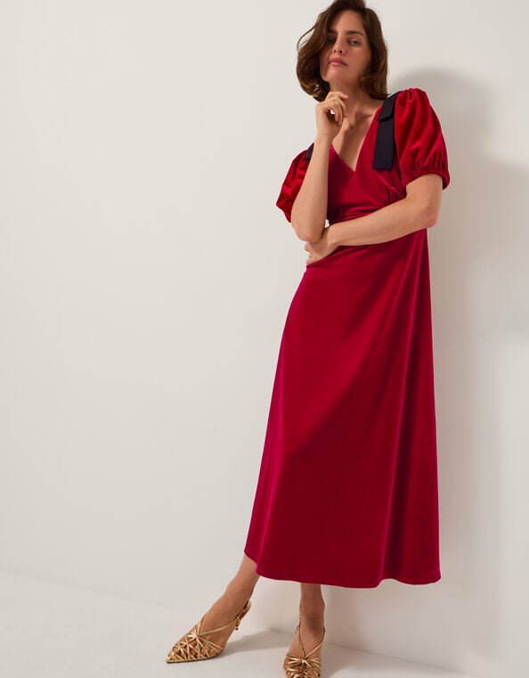Betty Bow Velvet Midi Dress, Red (RED), large