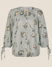 Button Through Printed Linen Blouse, Green (SAGE), large