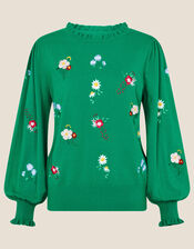 Floral Embroidered Frill Neck Jumper, Green (GREEN), large