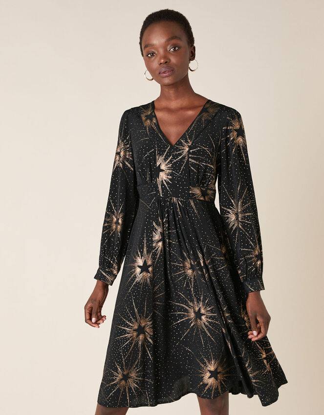 Star Foil Print Midi Dress, Black (BLACK), large