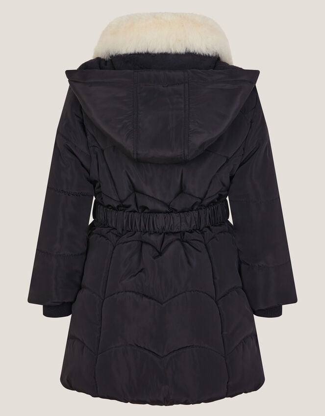Fluffy Collar Belted Puffer Coat, Black (BLACK), large