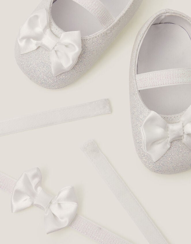 Baby Bow Glitter Booties & Headband Set, Ivory (IVORY), large