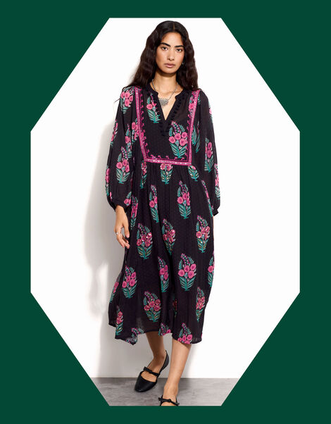 East Logan Long Sleeve Floral Midi Dress, Black (BLACK), large