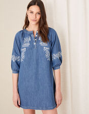 Floral Embroidered Denim Dress, Blue (DENIM BLUE), large