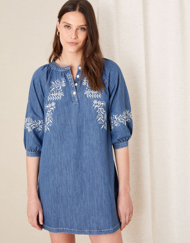 Floral Embroidered Denim Dress, Blue (DENIM BLUE), large
