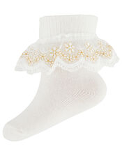 Baby Metallic Floral Ankle Socks, Ivory (IVORY), large
